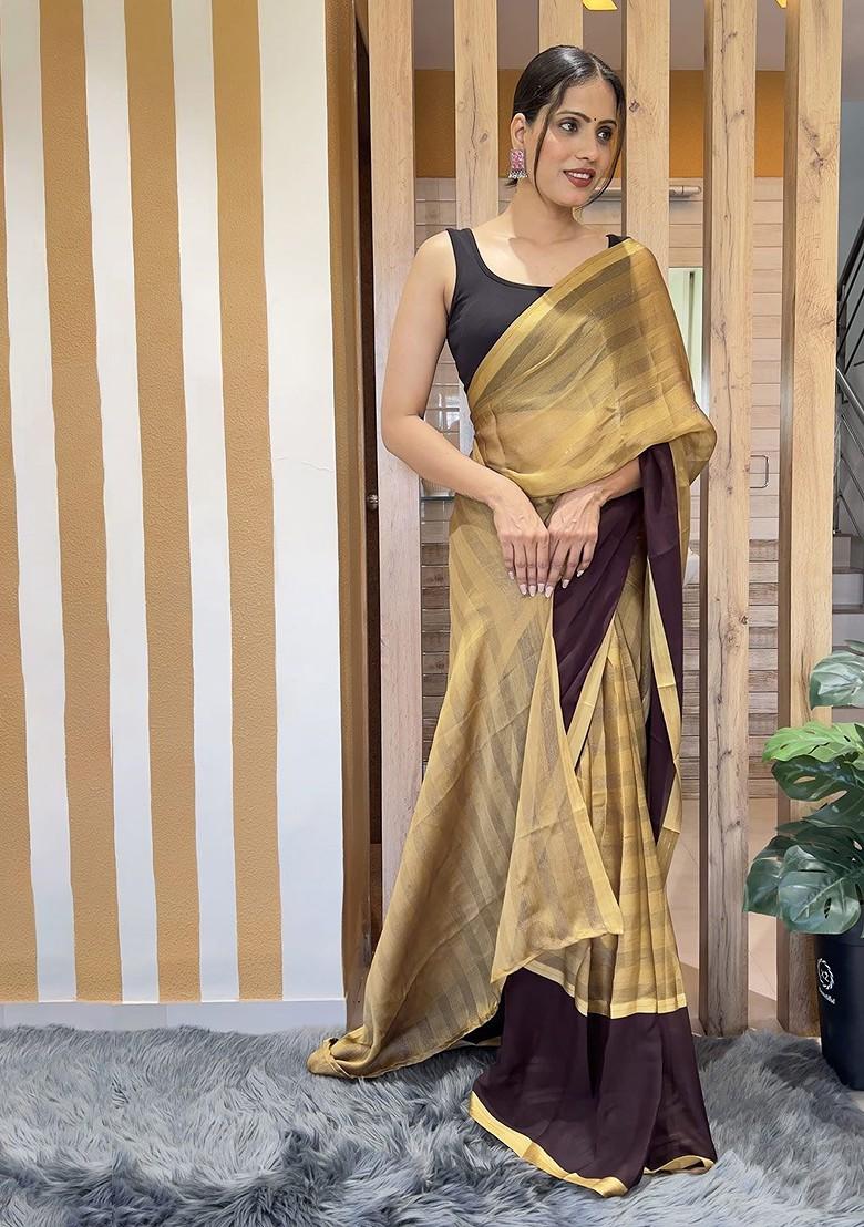 Yellow Striped Chiffon Saree Set