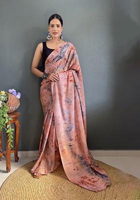 Peach Abstract Print Chiffon Saree Set