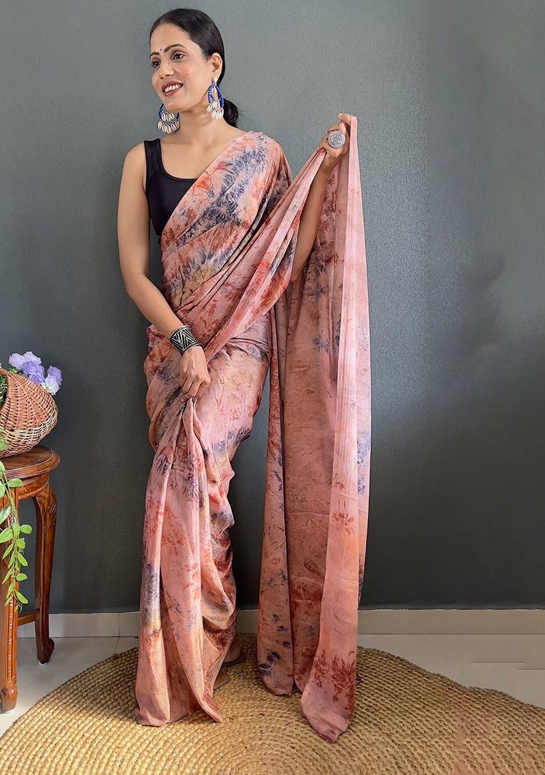 Peach Abstract Print Chiffon Saree Set