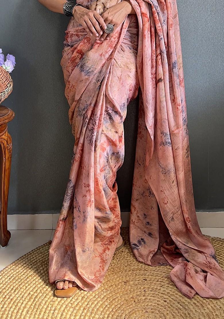 Peach Abstract Print Chiffon Saree Set
