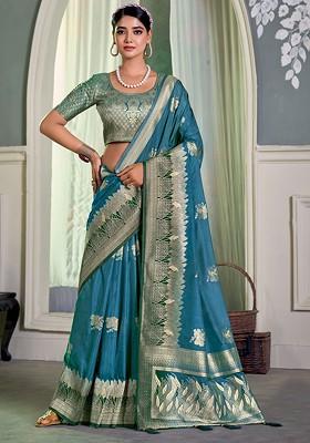 Blue Zari Crepe Saree Set