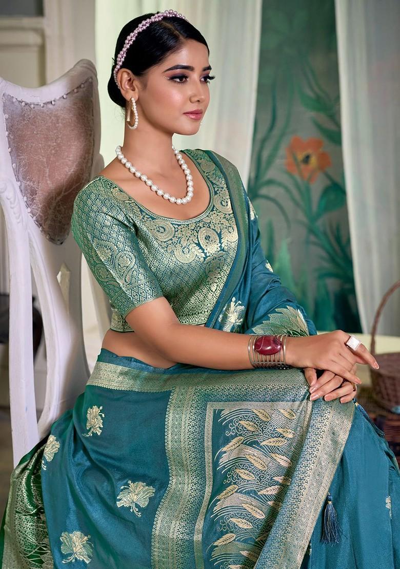 Blue Zari Crepe Saree Set