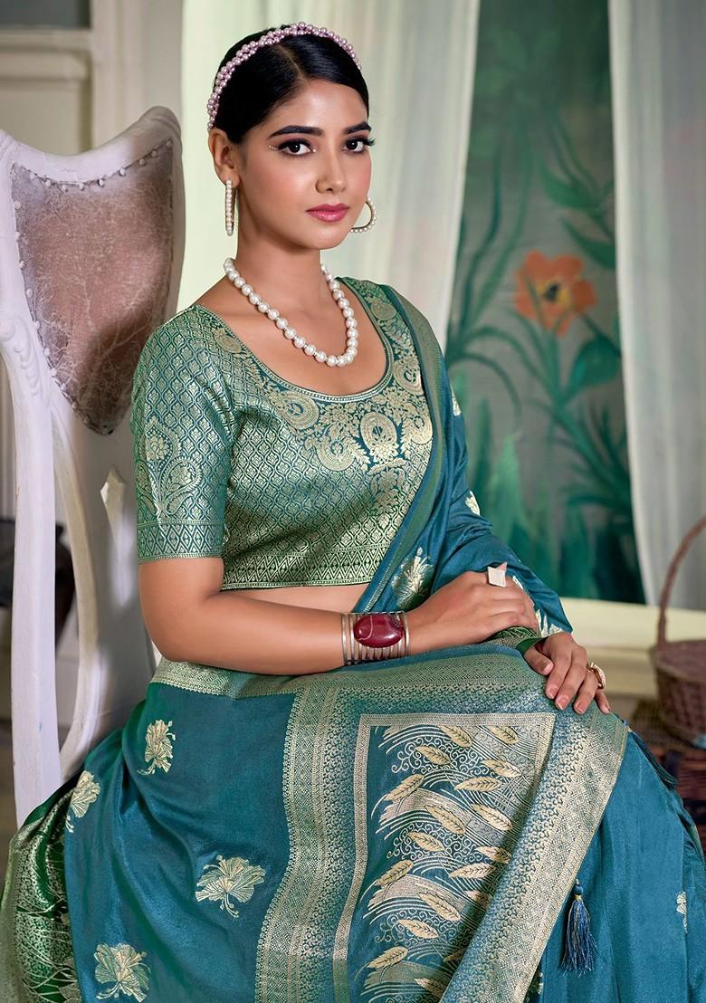 Blue Zari Crepe Saree Set