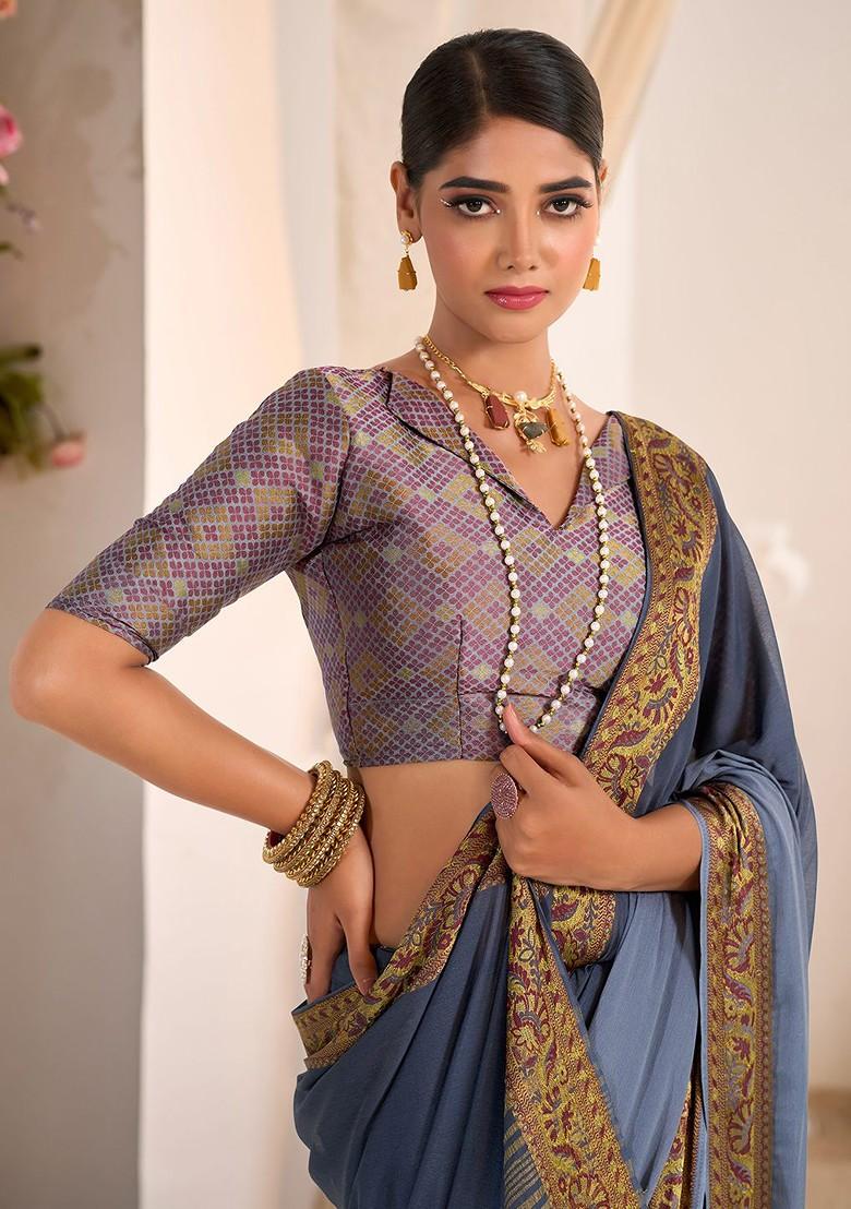 Grey Zari Crepe Saree Set