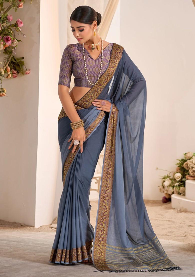 Grey Zari Crepe Saree Set