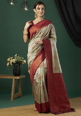 Olive Green Zari Silk Saree Set