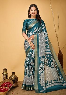 Teal Green Zari Cotton Saree Set