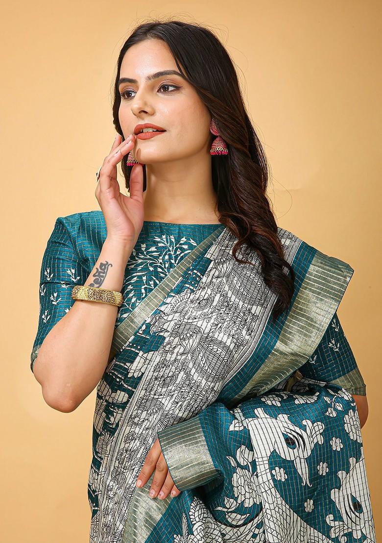Teal Green Zari Cotton Saree Set