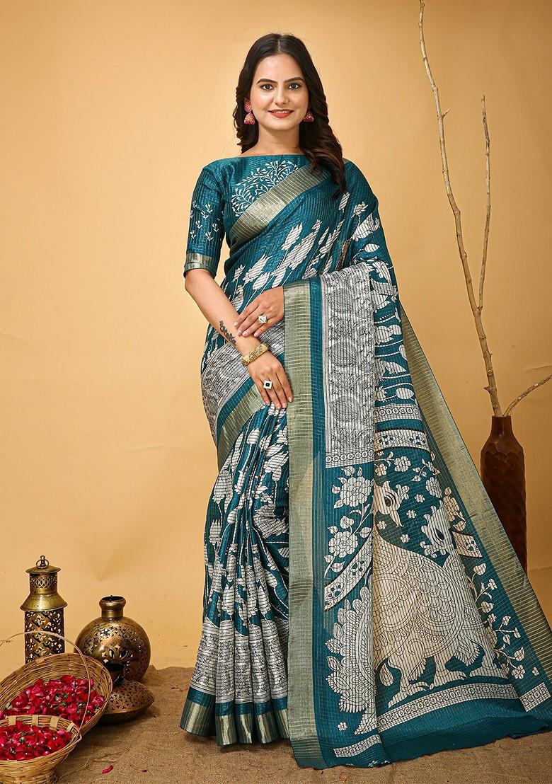 Teal Green Zari Cotton Saree Set