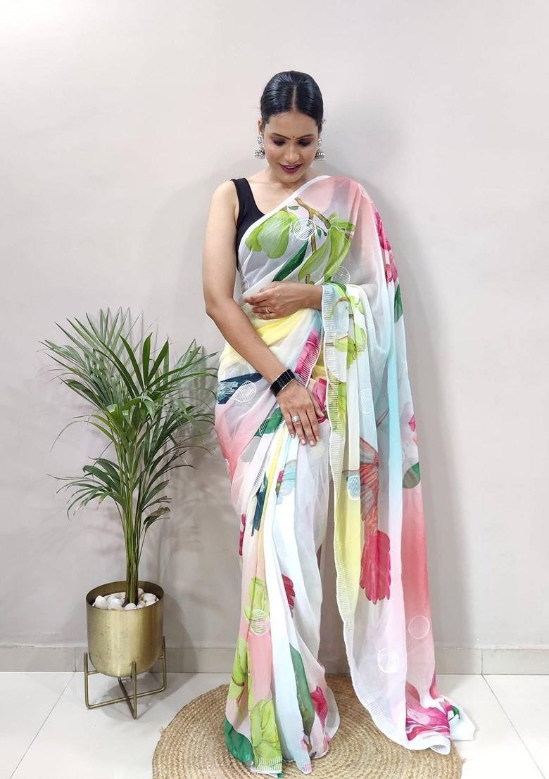 White Floral Embroidered Georgette Saree Set