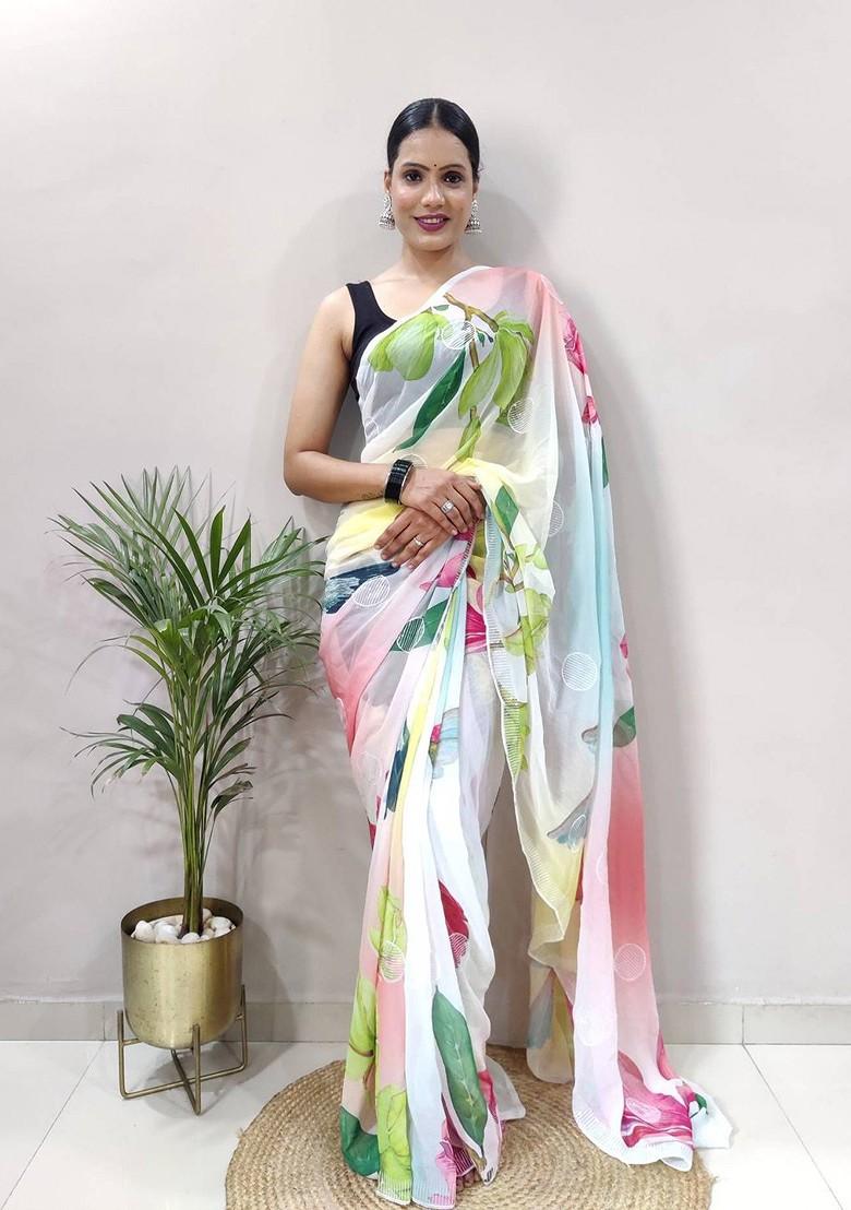 White Floral Embroidered Georgette Saree Set