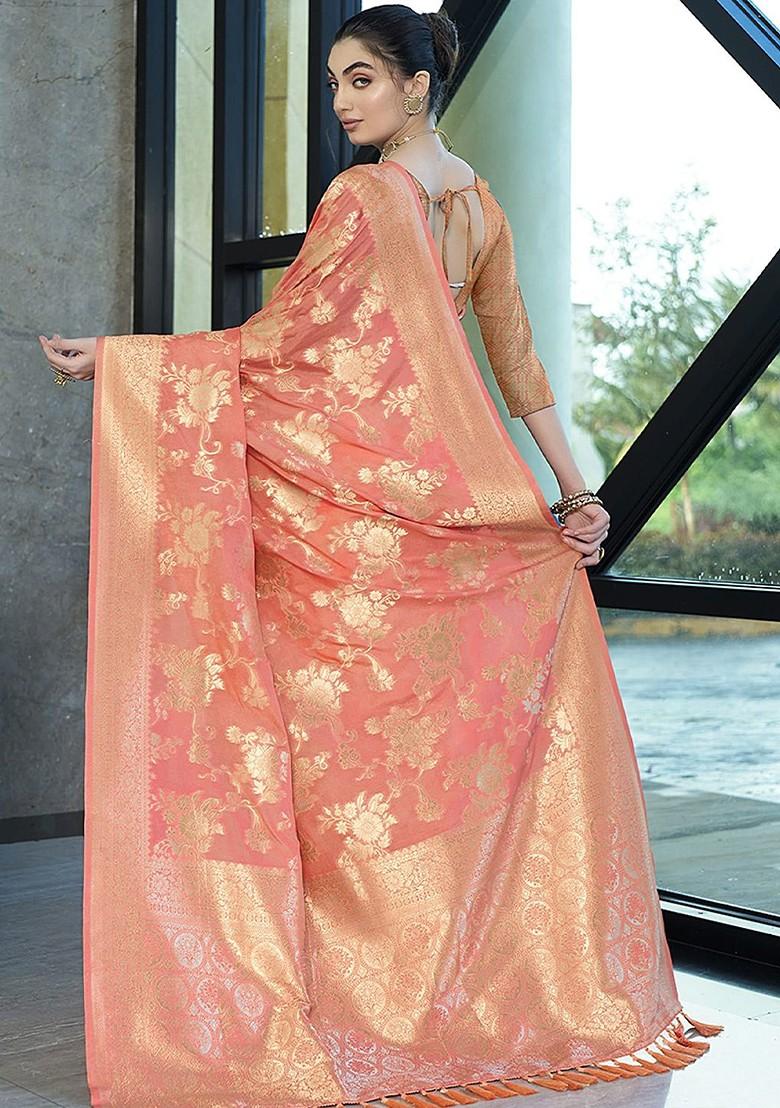 Peach Zari Georgette Saree Set