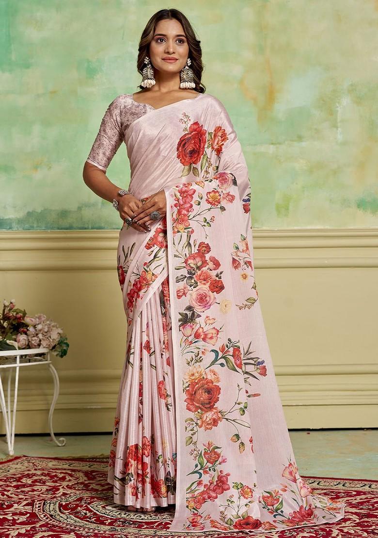 Peach Floral Printed Crepe Saree Set