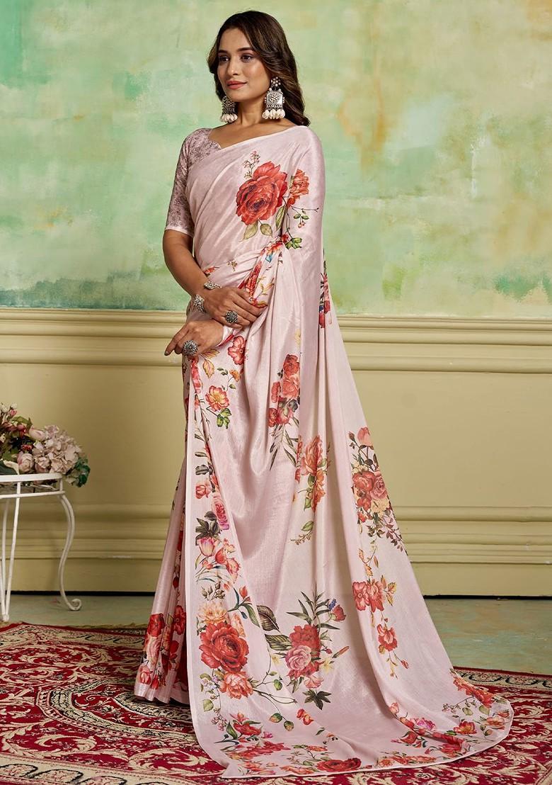 Peach Floral Printed Crepe Saree Set