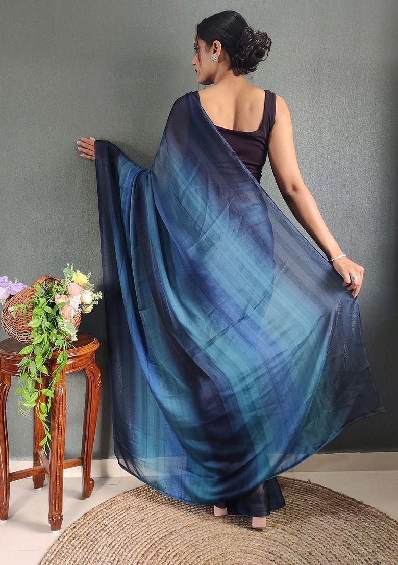 Blue Striped Crepe Saree Set