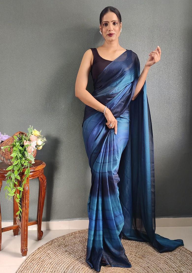 Blue Striped Crepe Saree Set
