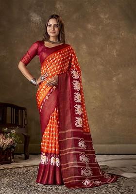 Orange Zari Cotton Saree Set