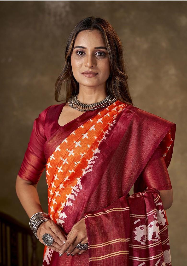 Orange Zari Cotton Saree Set