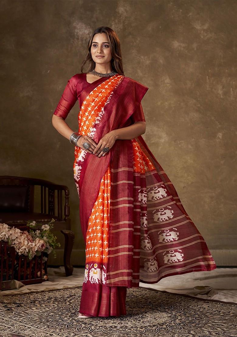 Orange Zari Cotton Saree Set