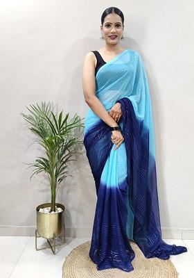 Blue Striped Chiffon Saree Set