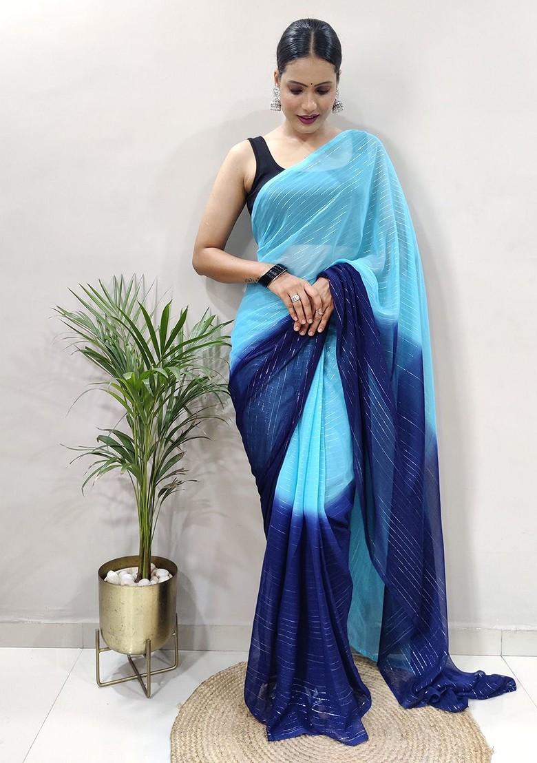 Blue Striped Chiffon Saree Set