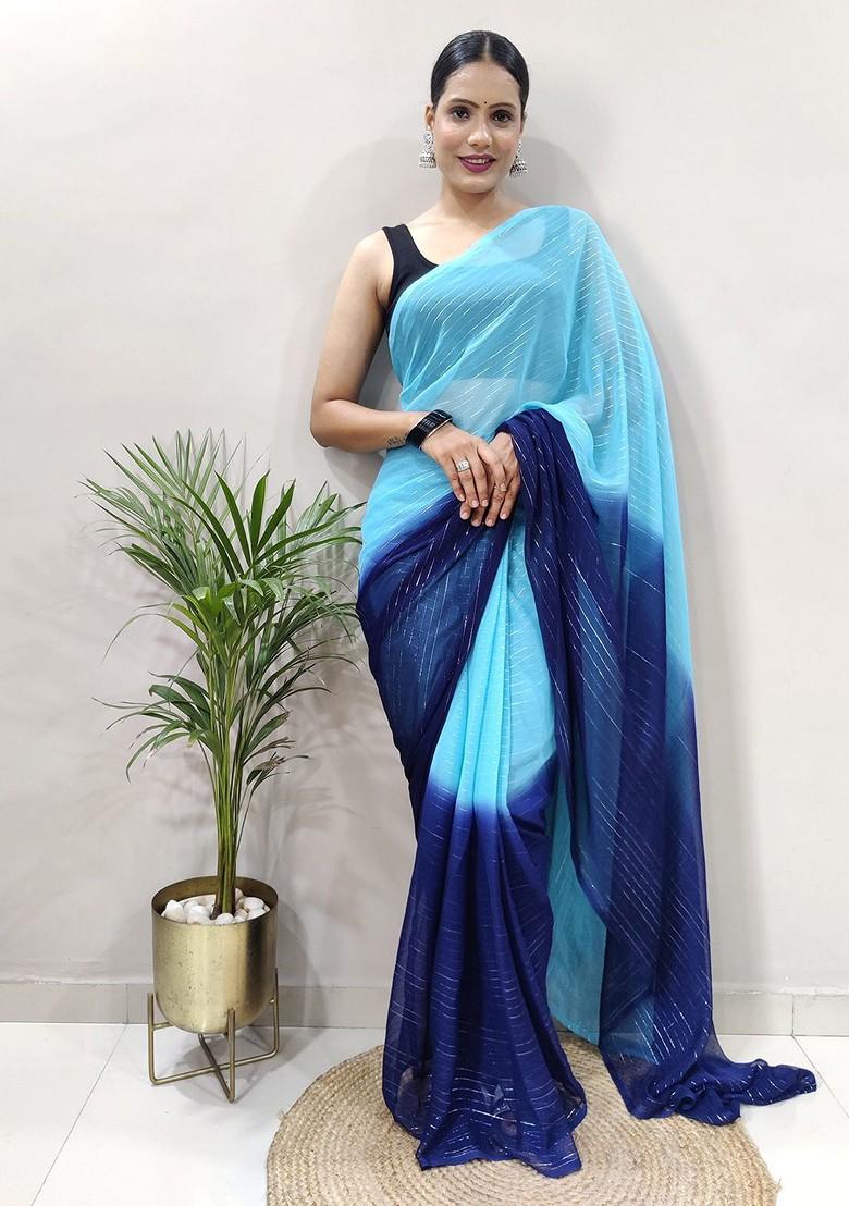 Blue Striped Chiffon Saree Set