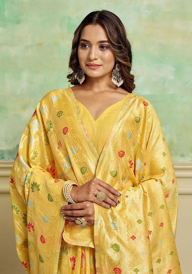 Yellow Zari Cotton Saree Set