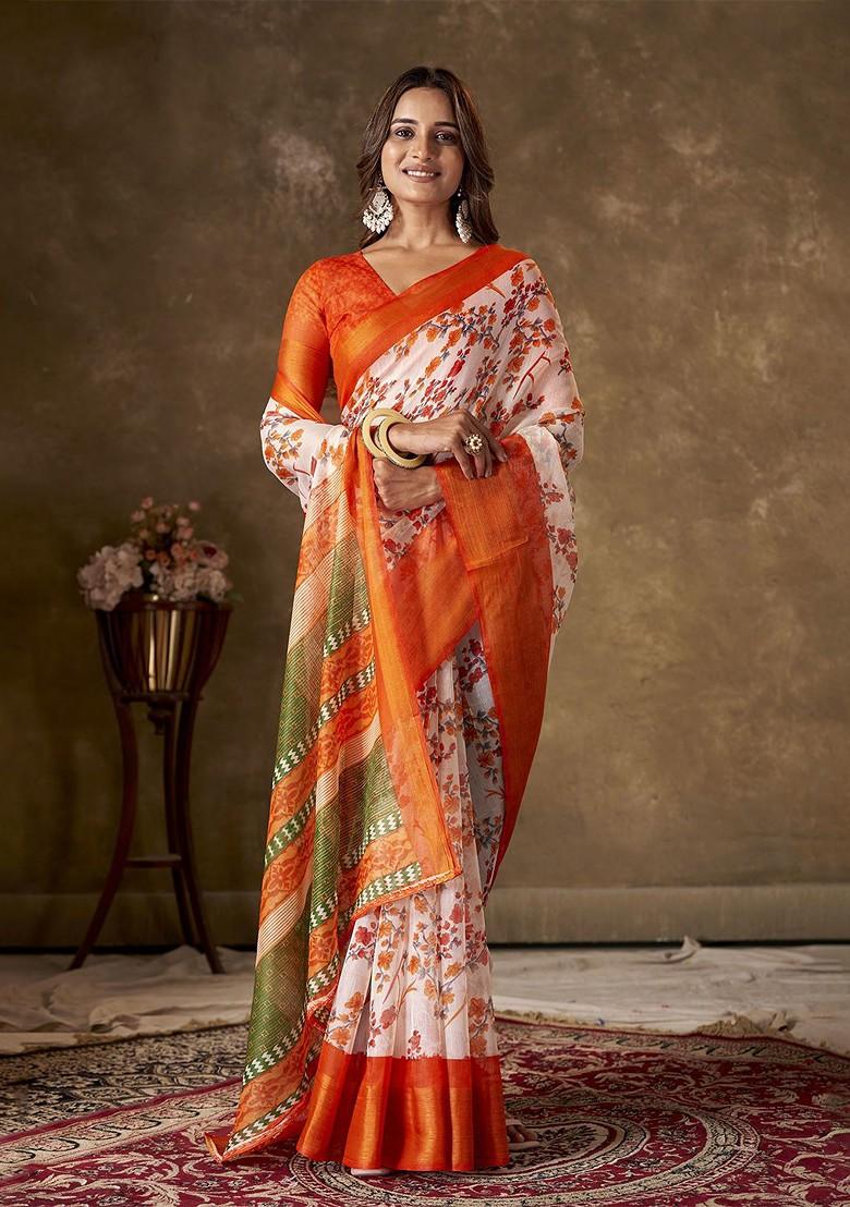 Orange Zari Cotton Saree Set
