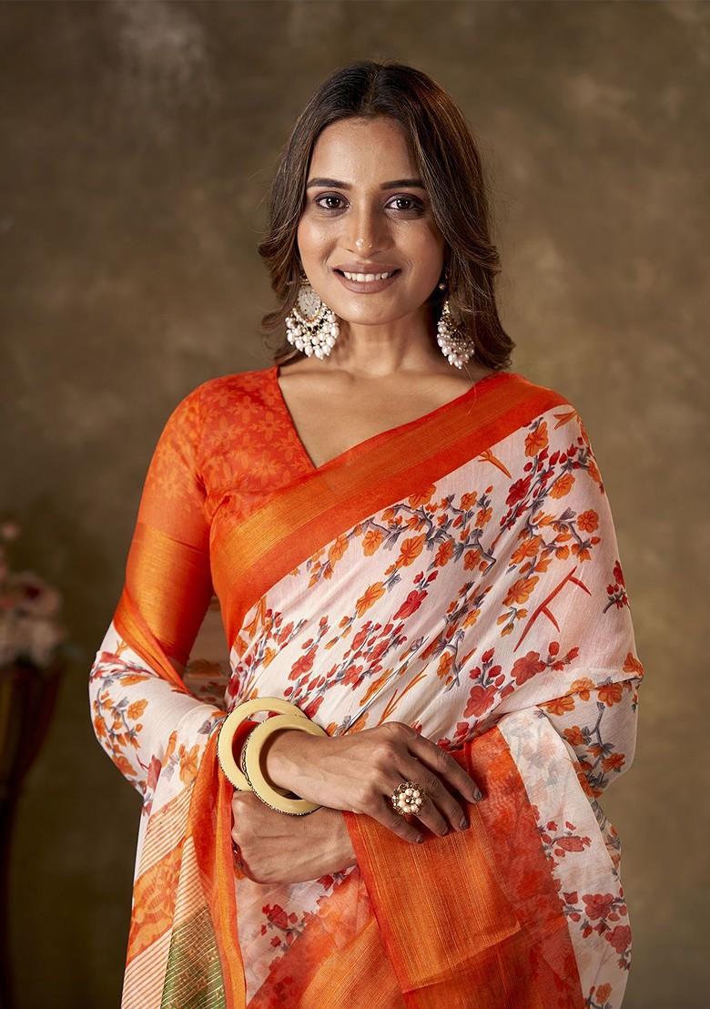 Orange Zari Cotton Saree Set