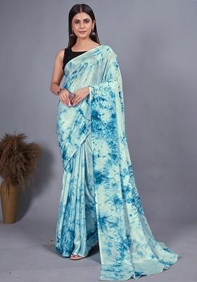 White Floral Printed Chiffon Saree Set