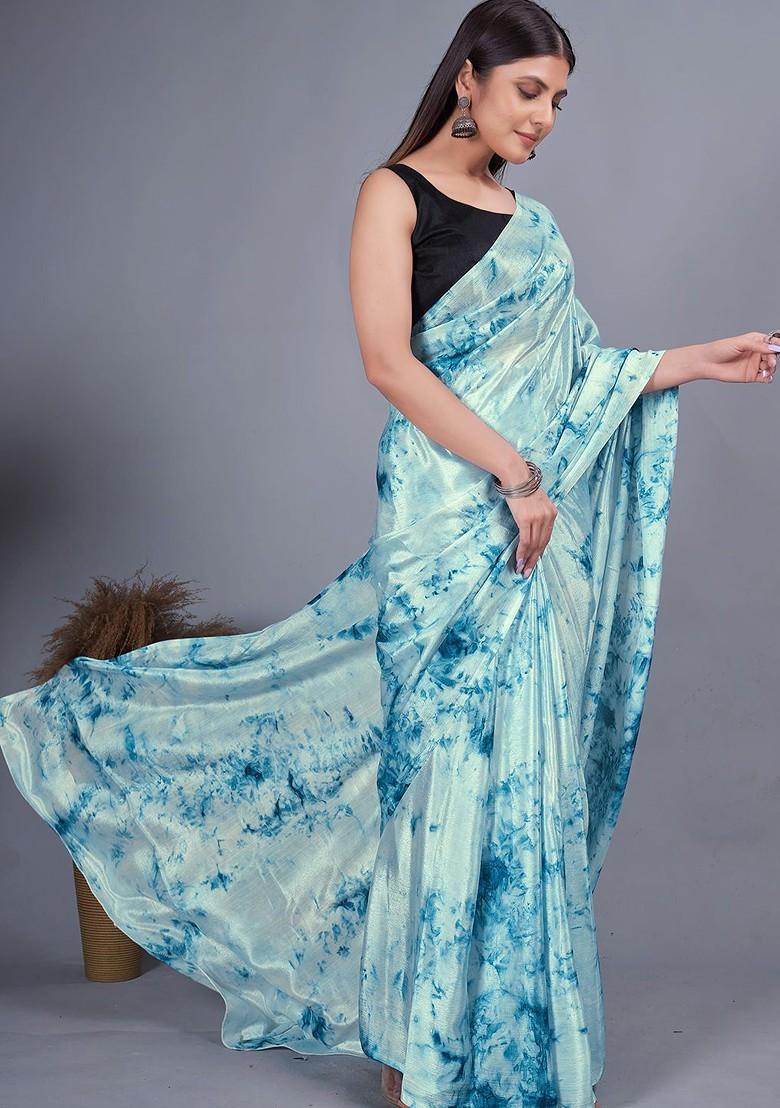 White Floral Printed Chiffon Saree Set