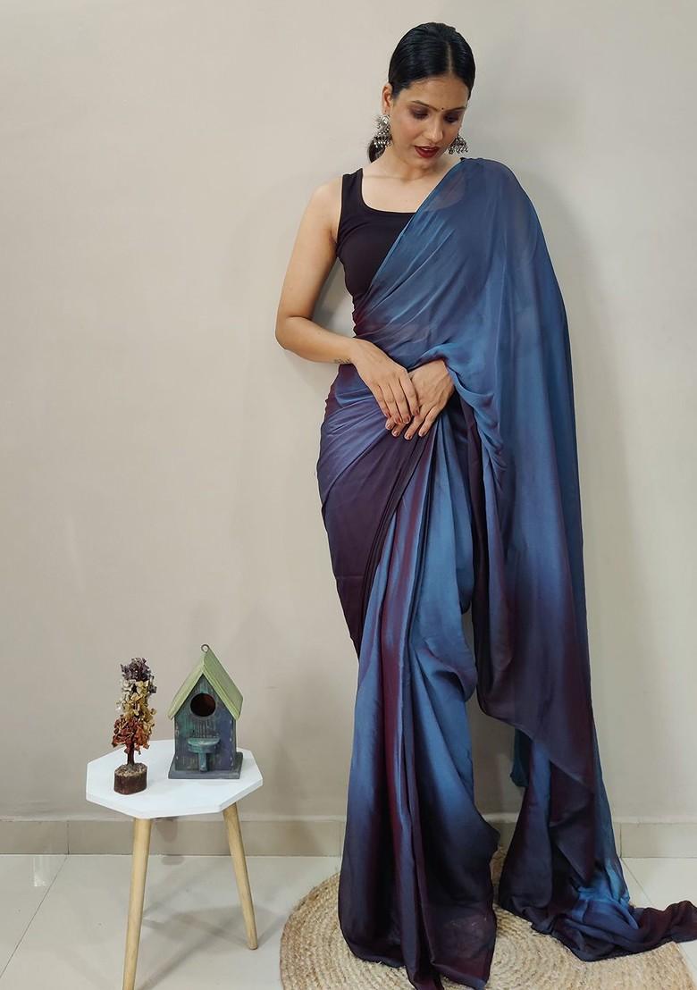 Blue Embroidered Satin Saree Set