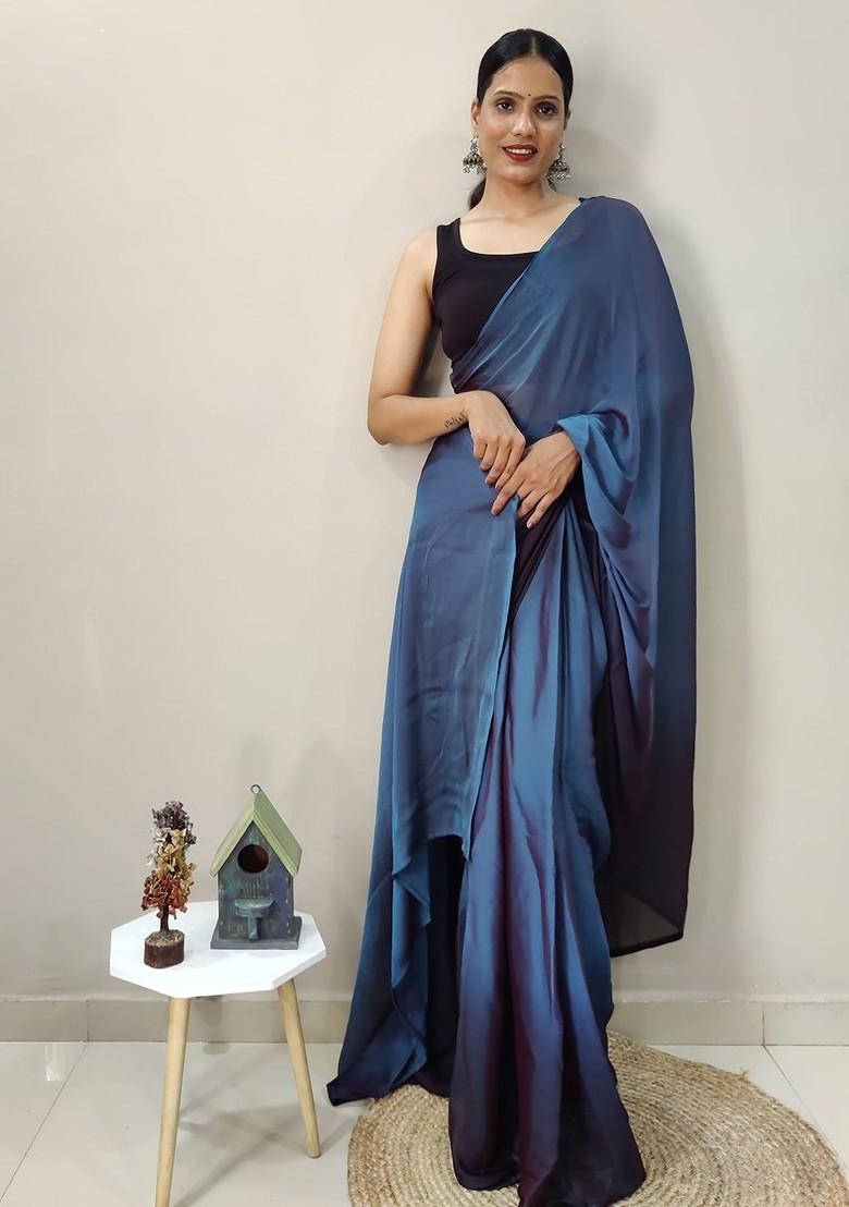 Blue Embroidered Satin Saree Set