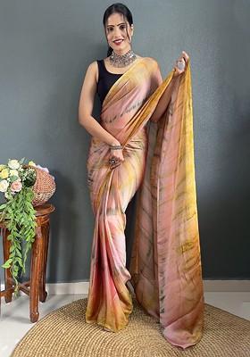 Brown Tie And Dye Chiffon Saree Set