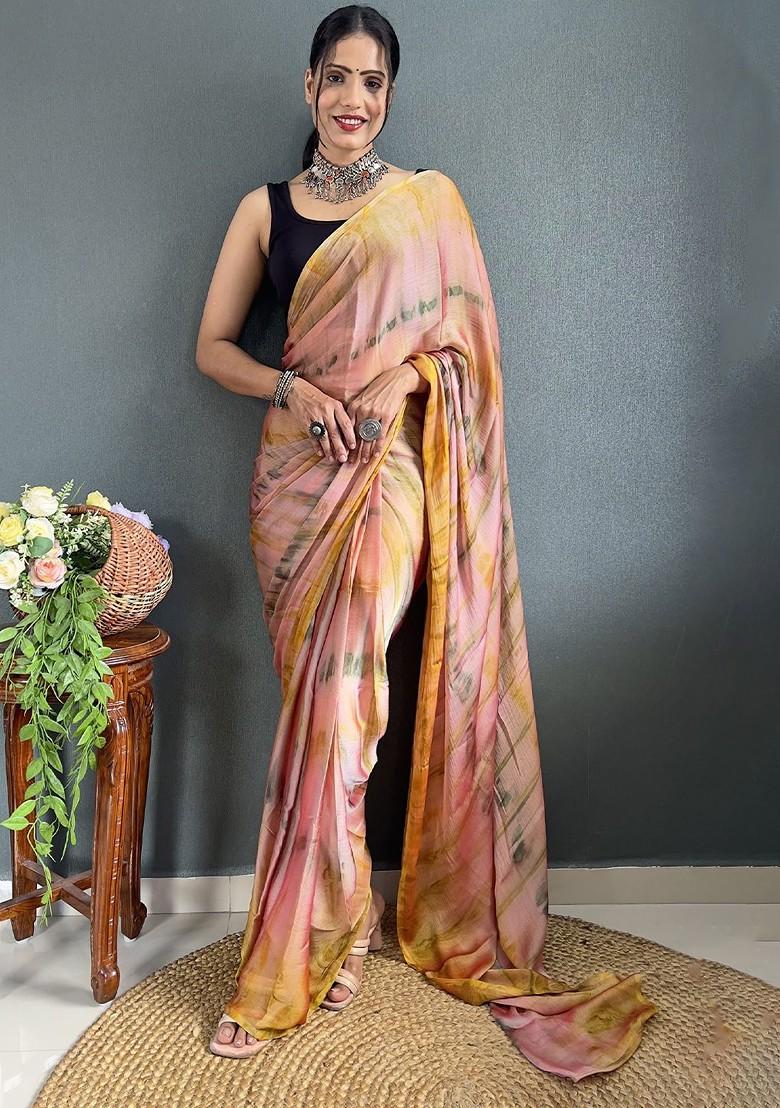 Brown Tie And Dye Chiffon Saree Set