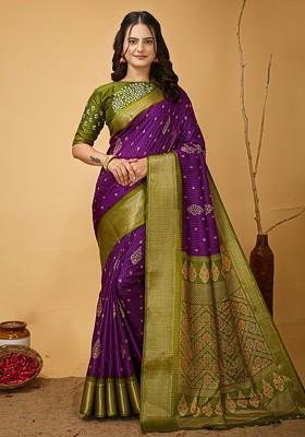 Purple Zari Kanjeevaram Silk Saree Set