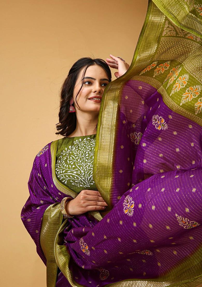 Purple Zari Kanjeevaram Silk Saree Set