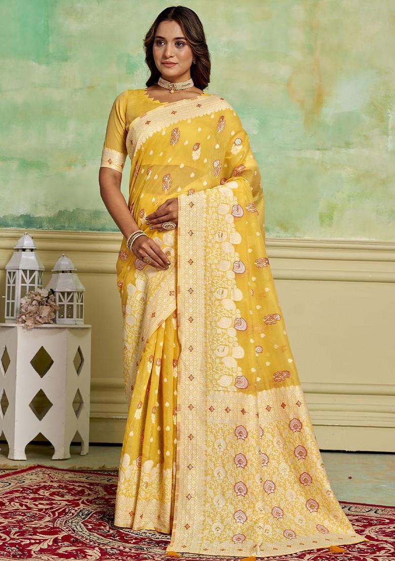 Yellow Zari Cotton Saree Set