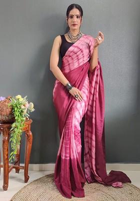 Pink Tie And Dye Satin Saree Set