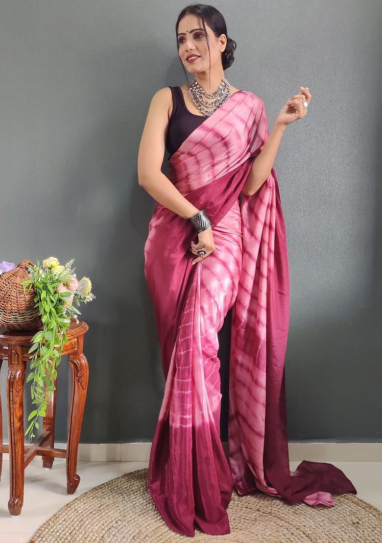 Pink Tie And Dye Satin Saree Set