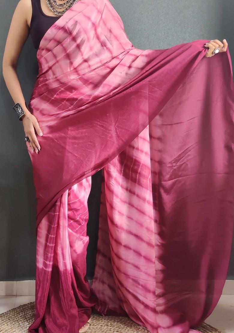 Pink Tie And Dye Satin Saree Set
