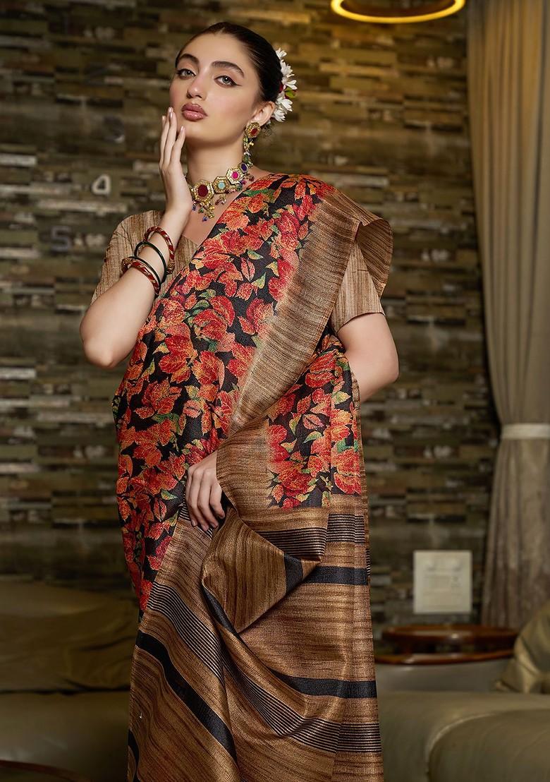 Red Block Print Silk Saree Set