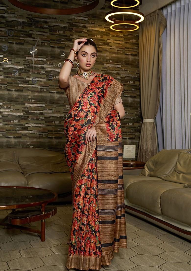 Red Block Print Silk Saree Set