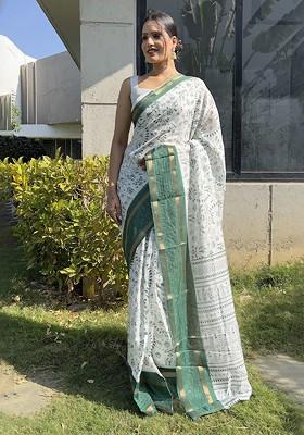 Green Abstract Print Silk Saree Set
