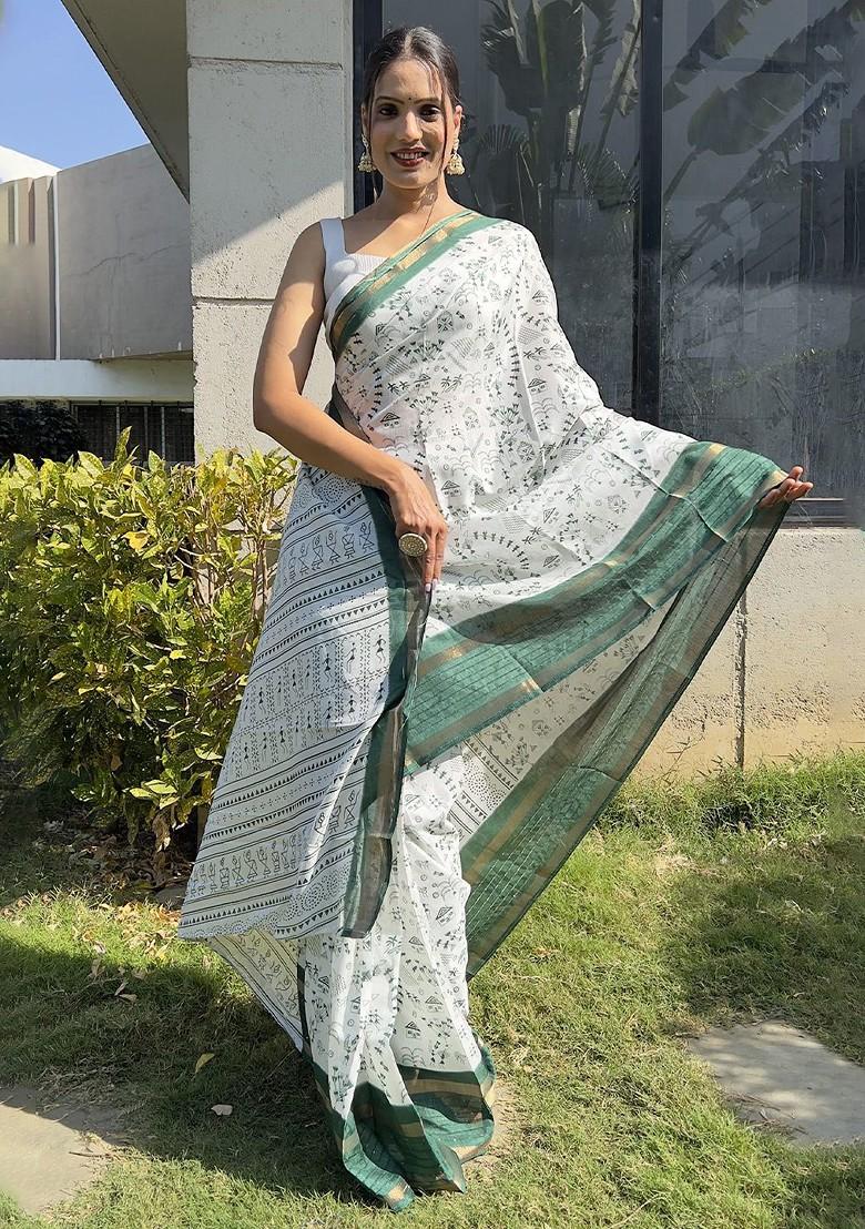 Green Abstract Print Silk Saree Set