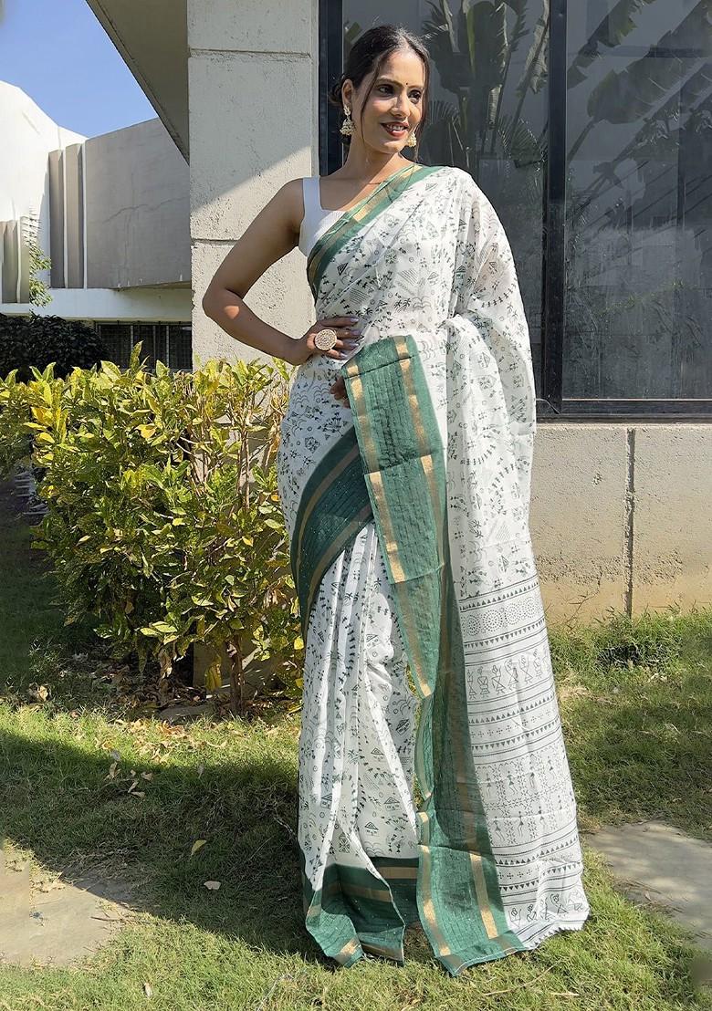 Green Abstract Print Silk Saree Set