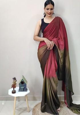 Maroon Embroidered Satin Saree Set