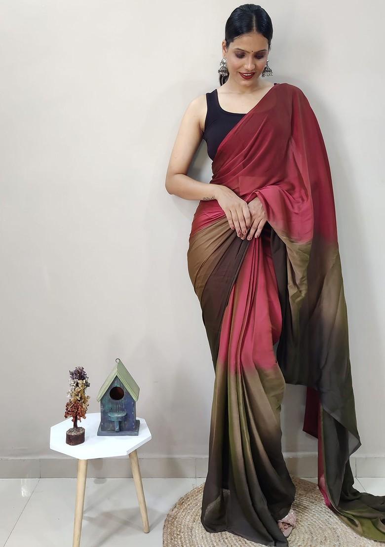 Maroon Embroidered Satin Saree Set