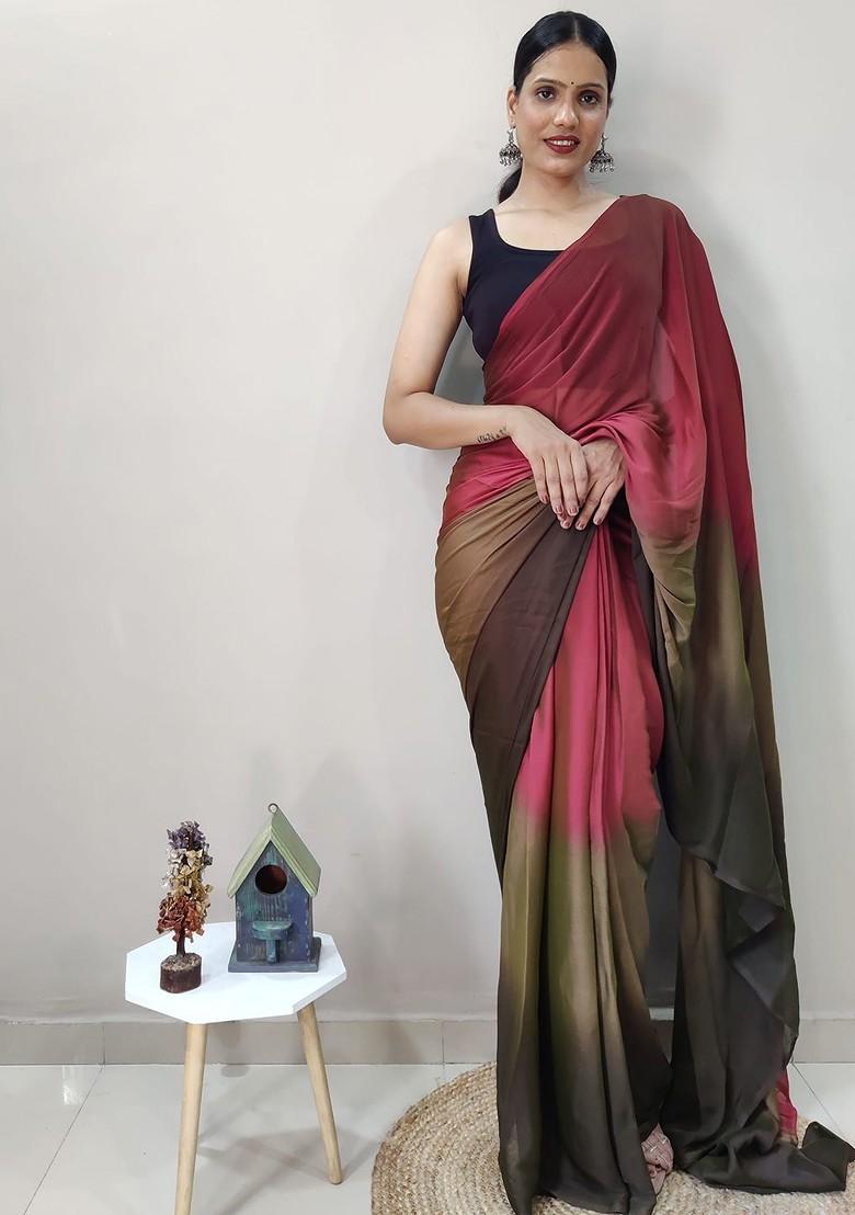 Maroon Embroidered Satin Saree Set