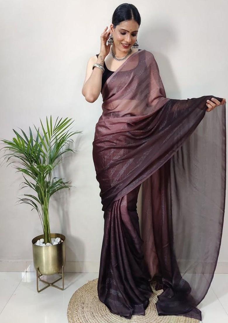 Purple Embroidered Chiffon Saree Set